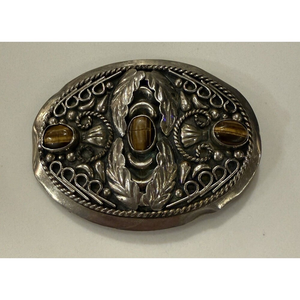 Alpaca Mexico Tigers Eye Dimensional Raised Leaf Silver Belt Buckle 3.75”